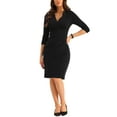 thumbnail image 2 of INSPIRE CHIC Women's Dress 3/4 Sleeve V Neck Ruched Work Sheath Pencil Dresses S Black, 2 of 6