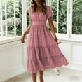 thumbnail image 3 of Kukoosong Women's Short Sleeve Midi Dress, Square Neck Tiered Ruffle Dress, Casual Summer Beach Sundress, Flowy A-Line Elastic Waist Puff Sleeves Dress, 3 of 7