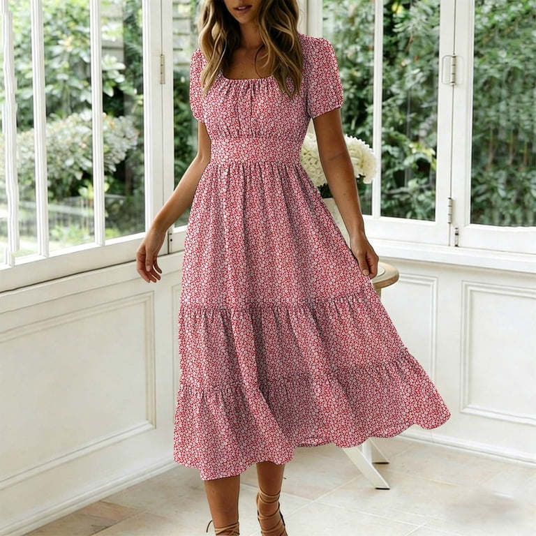 square collar printed puff sleeve midi dress Daisy Print Puff Sleeve Midi Dress