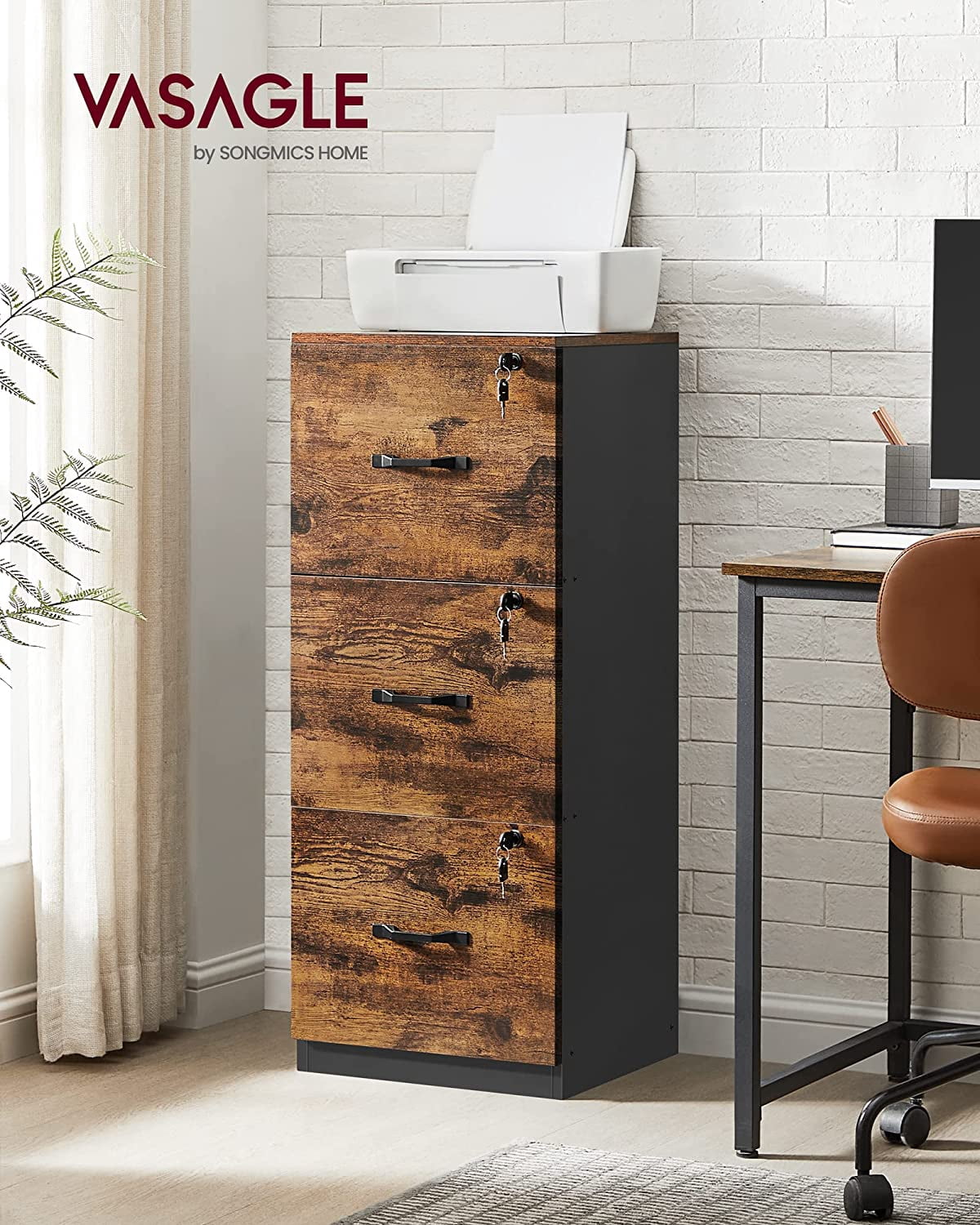 File Cabinet, Printer Stand with 3 Lockable Drawers, Adjustable Hanging Rails, Rustic Brown + Black