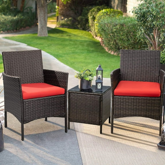 Lacoo 3-Pieces PE Rattan Weather Resistant Outdoor Conversation Sets with Table, Brown/Red