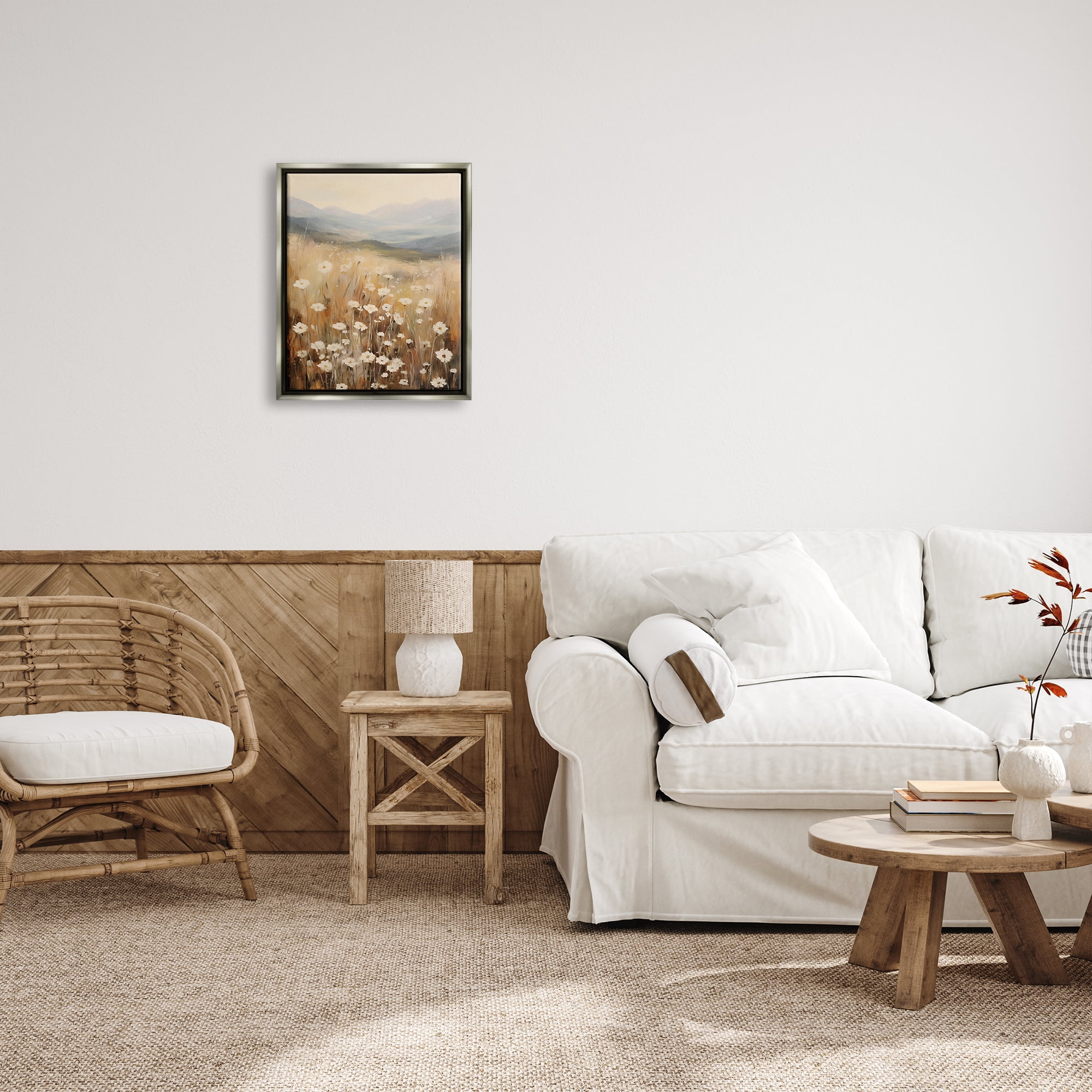 Stupell Industries Mountain Valley Meadow Botanical & Floral Painting Gray Floater Framed Canvas Art Print Wall Art, 17 x 21