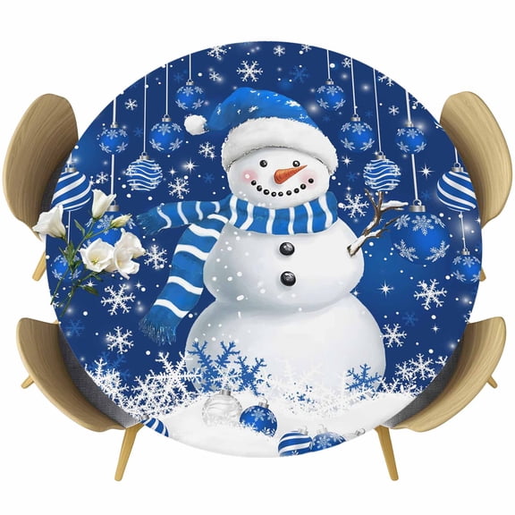 Navy Blue Christmas Round Tablecloth, Fitted Table Cover with Elastic for 36"-44" Round Tables, Snowman Xmas Snowflake Ball Winter Table Cloth Outdoor Indoor Dinning Party Waterproof Tablecloths