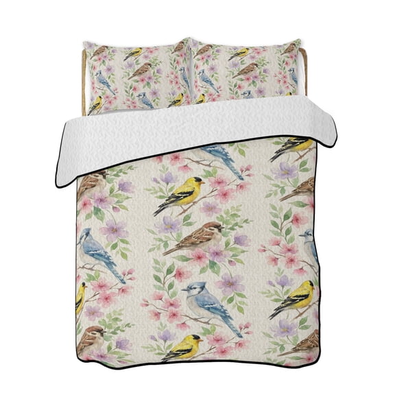 Quilts Queen Size Bedding Set, Watercolor Botanical Reversible Summer Quilt 3 Pieces, Spring Flowers Birds Rustic Beige Lightweight Bedspreads Coverlets with 2 Pillow Shams for All Seasons