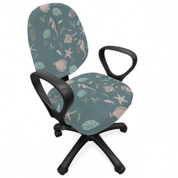 Marine Office Chair Slipcover, Underwater Creatures with Seahorse Anemone Seashell Starfish Coral Reef, Protective Stretch Decorative Fabric Cover, Standard Size, Grey Teal Warm Taupe, by Ambesonne