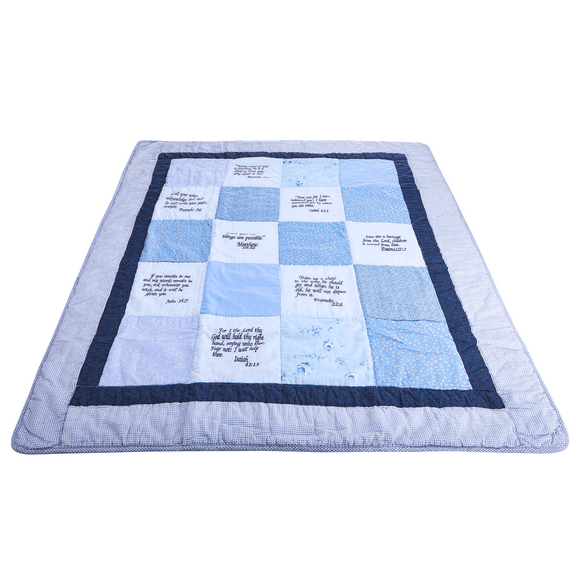 Embroidered Scripture Baby Quilt, Blue