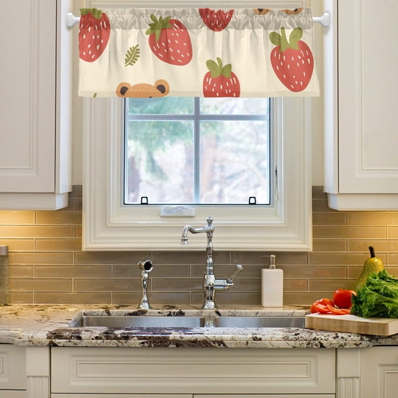 Cute Bear Strawberry Curtain Valances Farmhouse Design Window Treatment Decor Blackout Rod Pocket for Windows Living Room Kitchen 54" x 18"