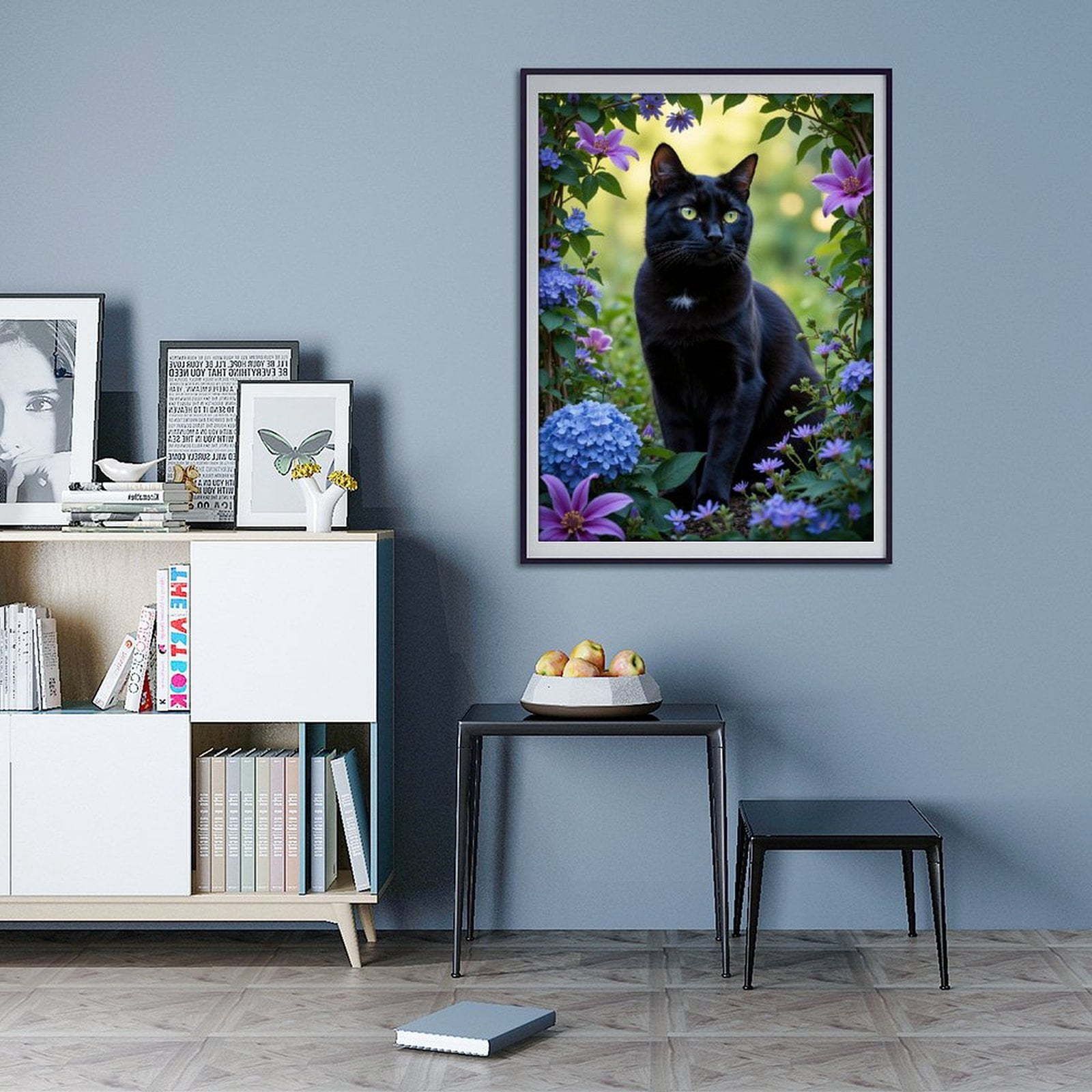 Diamond Art Kit for Adults, Black Cat In Blooming Garden Diamond Painting for Adults Beginners, 5D DIY Diamond Art Painting Kits, Colorful Diamond Painting Craft for Home Decor 12x16