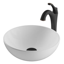 KRAUS Elavo 14-inch Round White Porcelain Ceramic Bathroom Vessel Sink and Arlo Faucet Combo Set with Pop-Up Drain, Oil Rubbed Bronze Finish