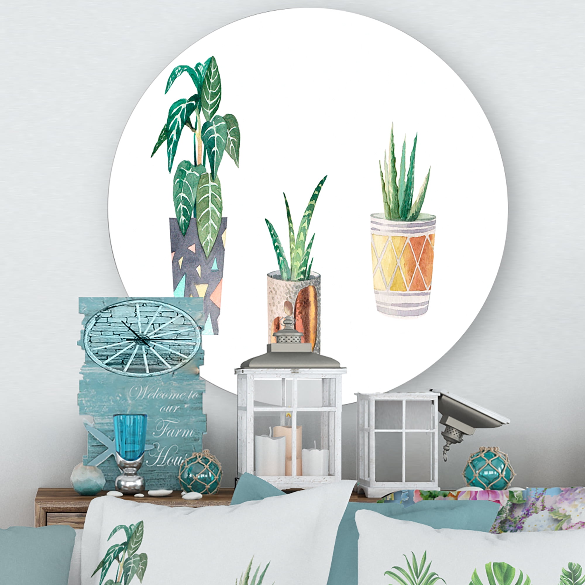 Designart 'Three Potted Houseplants On White' Traditional Circle Metal Wall Art 11x11 - Disc of 11