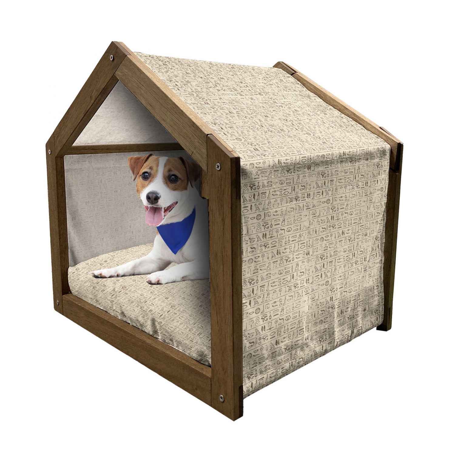 Floral Patterned Wooden Dog House with Canopy and Pillow