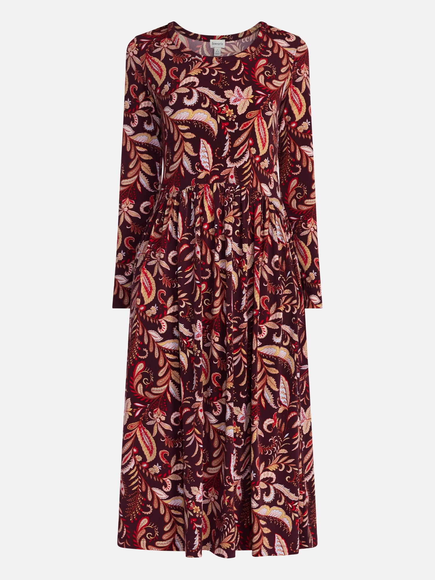 Scenario Women's Scoop Neck Midi Dress with Long Sleeves, Sizes XS-XXXL