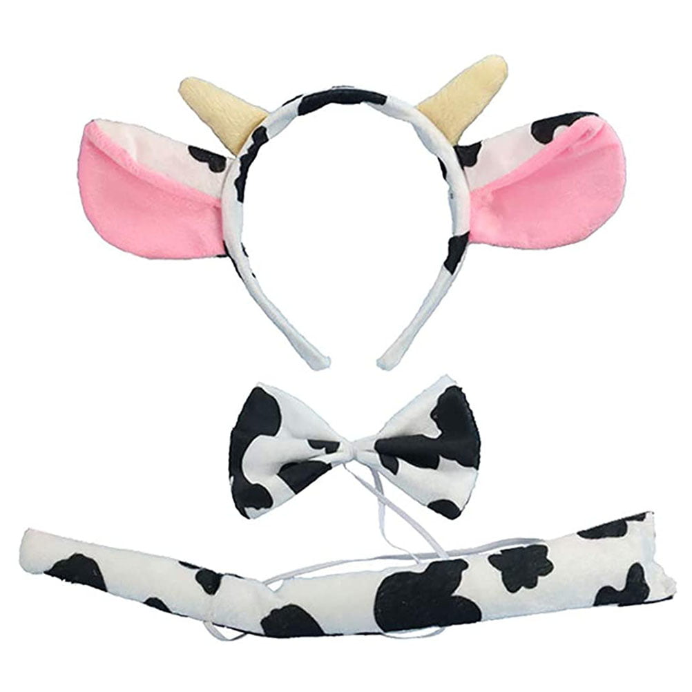 Kids 4Pcs Cartoon Animal Cosplay Costume Cow Horn Ears Headband Tail Bowtie Nose 