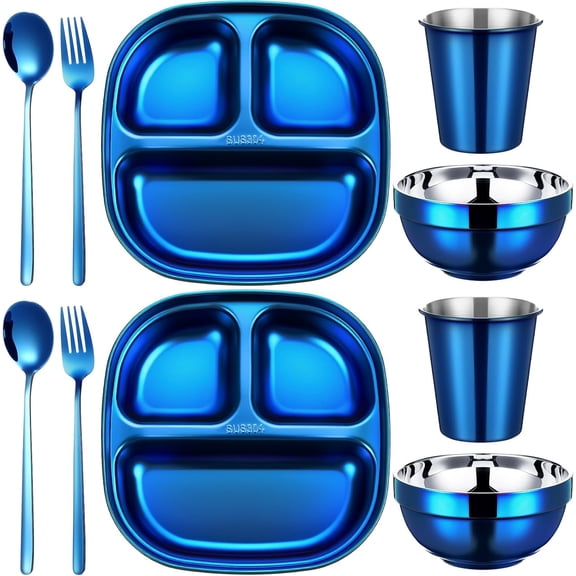 10 Piece Stainless Steel Kids Dinner Set Including 2 Bowls, 2 Balanced Bites Divided Plates, 2 Cups, 2 Spoons and 2 Forks, Blue Stainless Steel Lunch Plates Dinnerware Set for Kids Toddlers