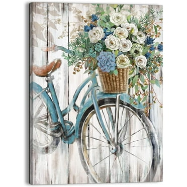 Farmhouse bathroom wall decor canvas art blue Retro bike picture print flower artwork for bedroom dining living room(11''x15)