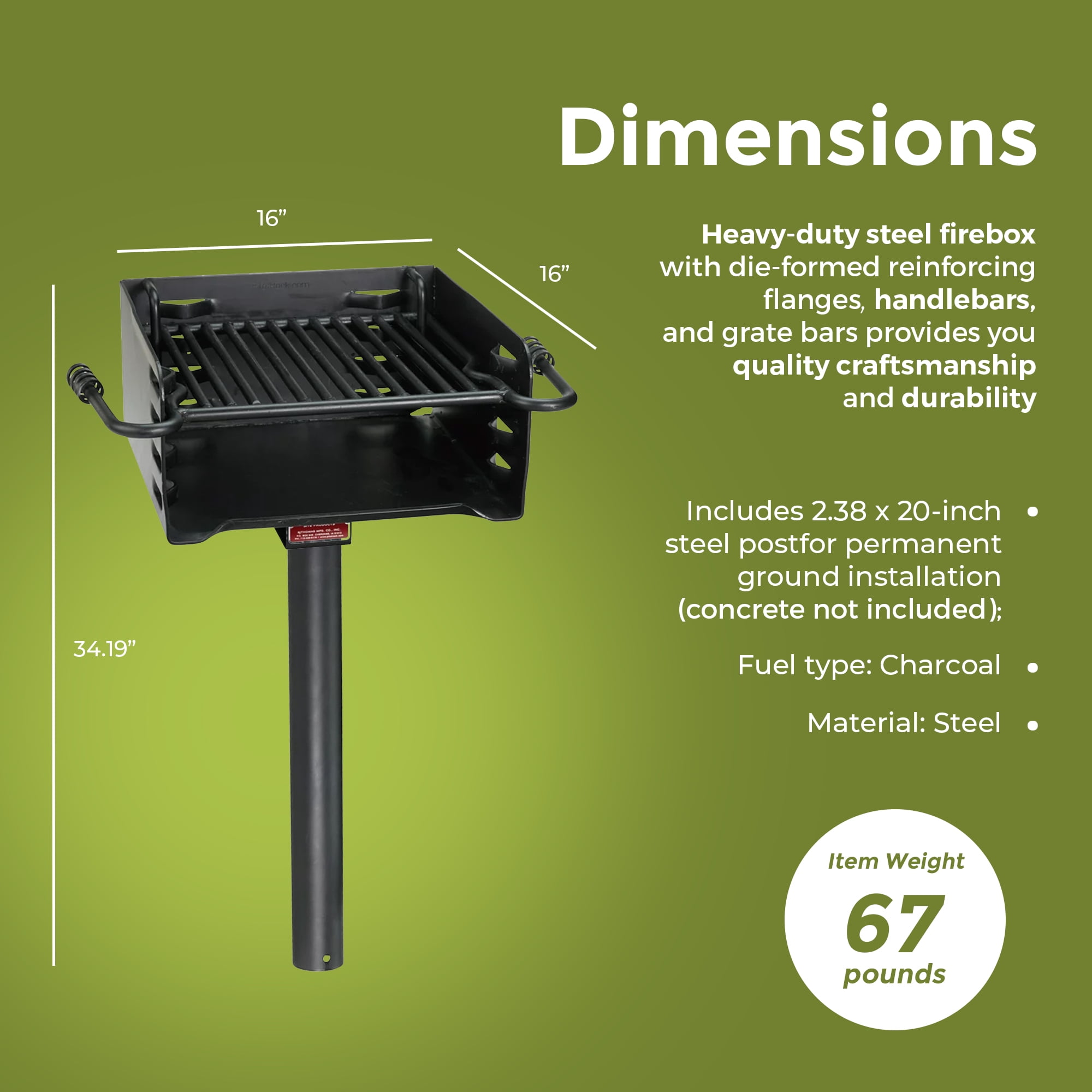 Pilot Rock Park Style Steel Outdoor BBQ Charcoal Grill and Post, Black