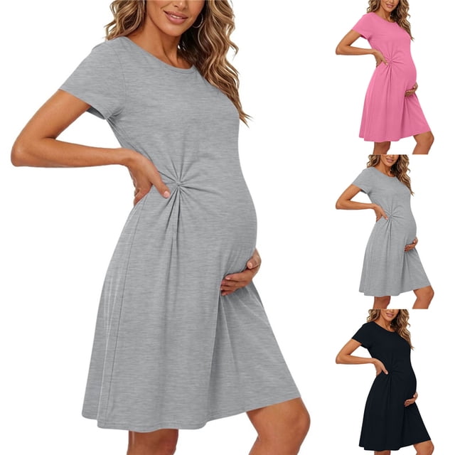 Sentmoon Maternity Shoot Dress Breathable Loose Fit Short Sleeve Dresses 2026 Summer Solid Color Short Sleeve Square Neck Spring Dress Holiday for Work and Weekend M-XXXL