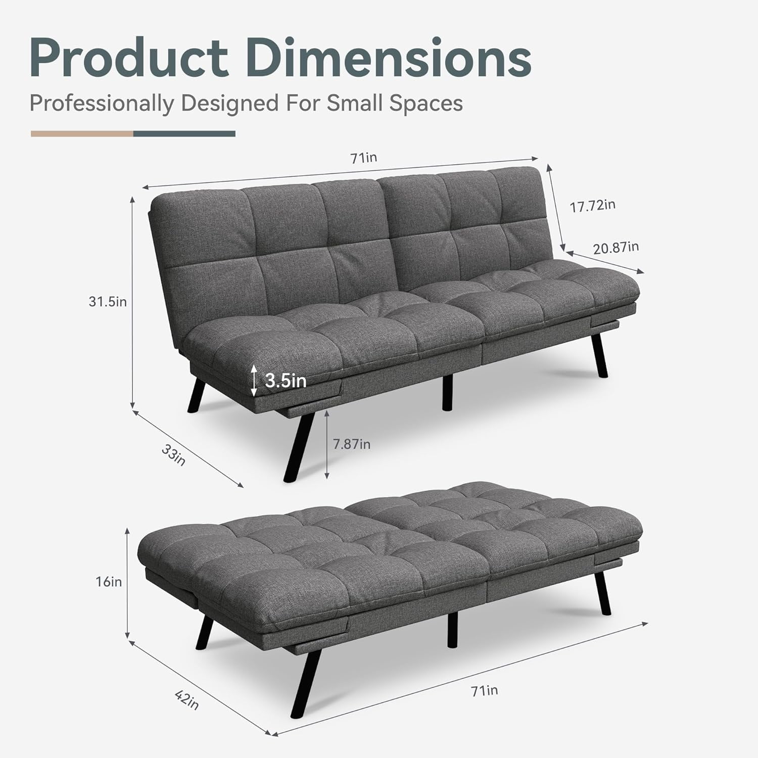 Vyfipt Convertible Futon Sofa Bed, Grey Linen Futon Couch with Adjustable Backrest & Armrests, Folding Small Recliner Sleeper Sofa Bed for Living Room, Apartment, Office