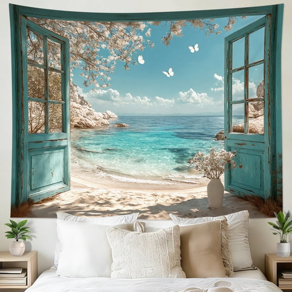 HVEST Window Beach Tapestry Wall Hanging Blue Coastal Ocean Sea Floral Wall Tapestry for Bedroom Nature Landscape Tapestry for Living Room College Dorm Home Decor,59x51 inch