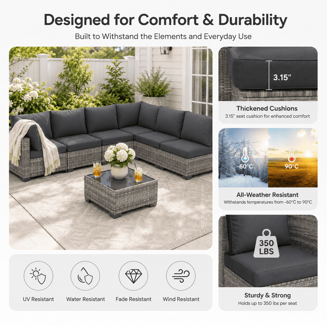 YIORTWO 7-Piece Outdoor Patio Furniture Set, Modular Wicker Sectional Sofa with 3.15" Thick Cushions, All-Weather Rattan Conversation Set with Tempered Glass Table, Grey