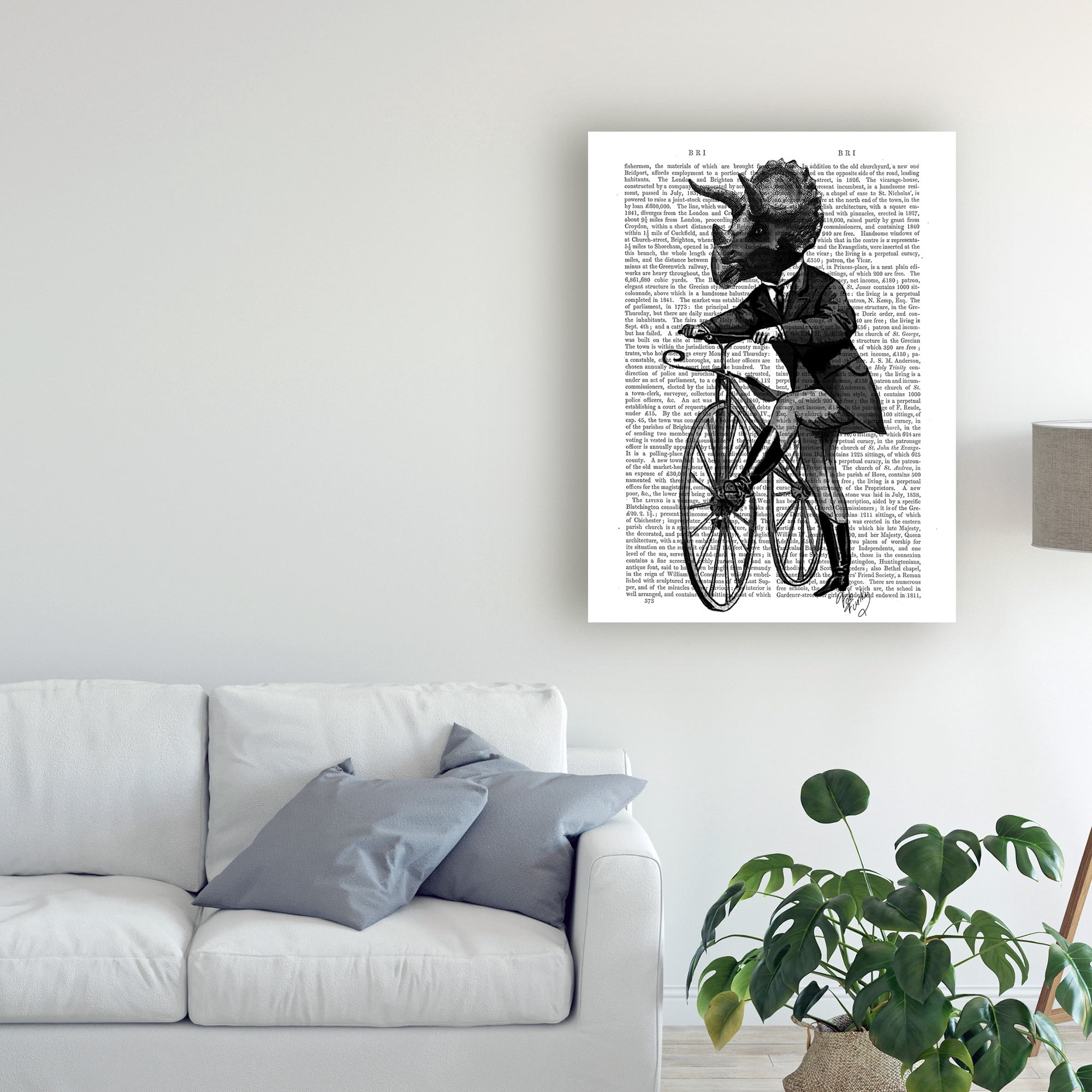 Trademark Fine Art 'Triceratops Man on Bike, Dinosaur' Canvas Art by Fab Funky