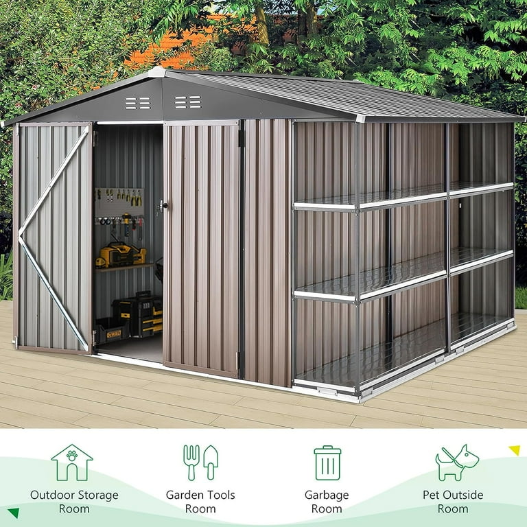 YODOLLA 8'x10' Metal Utility Tool Shed with Rack & Shelves for