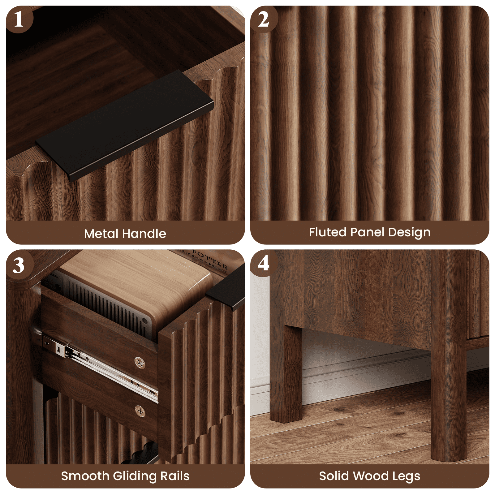 Fluted 3 Drawer Dresser for Bedroom 31.5" Wide Wooden Dresser TV Stand Modern Storage Organizer for Living Room, Hallway, Walnut
