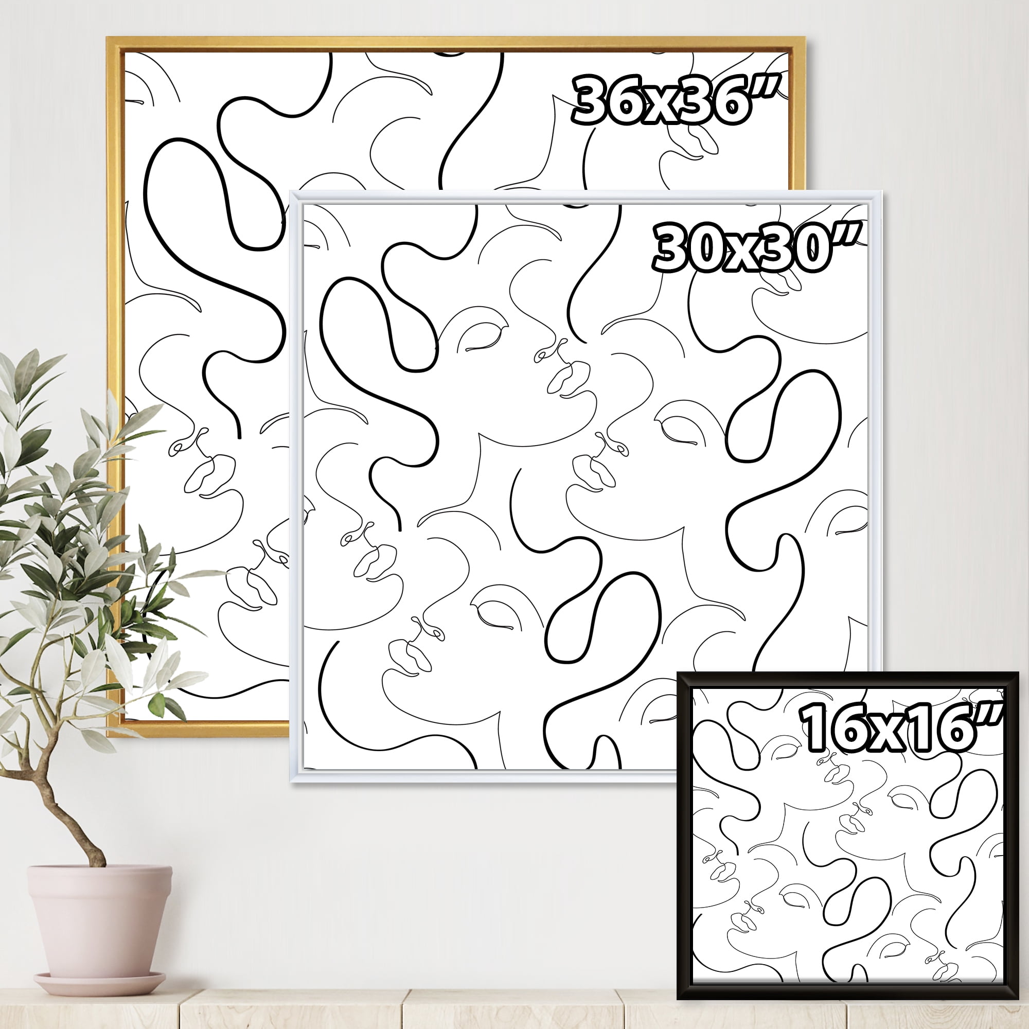 Designart 'Black and White One Line Drawing Portraits' Modern Framed Canvas Wall Art Print