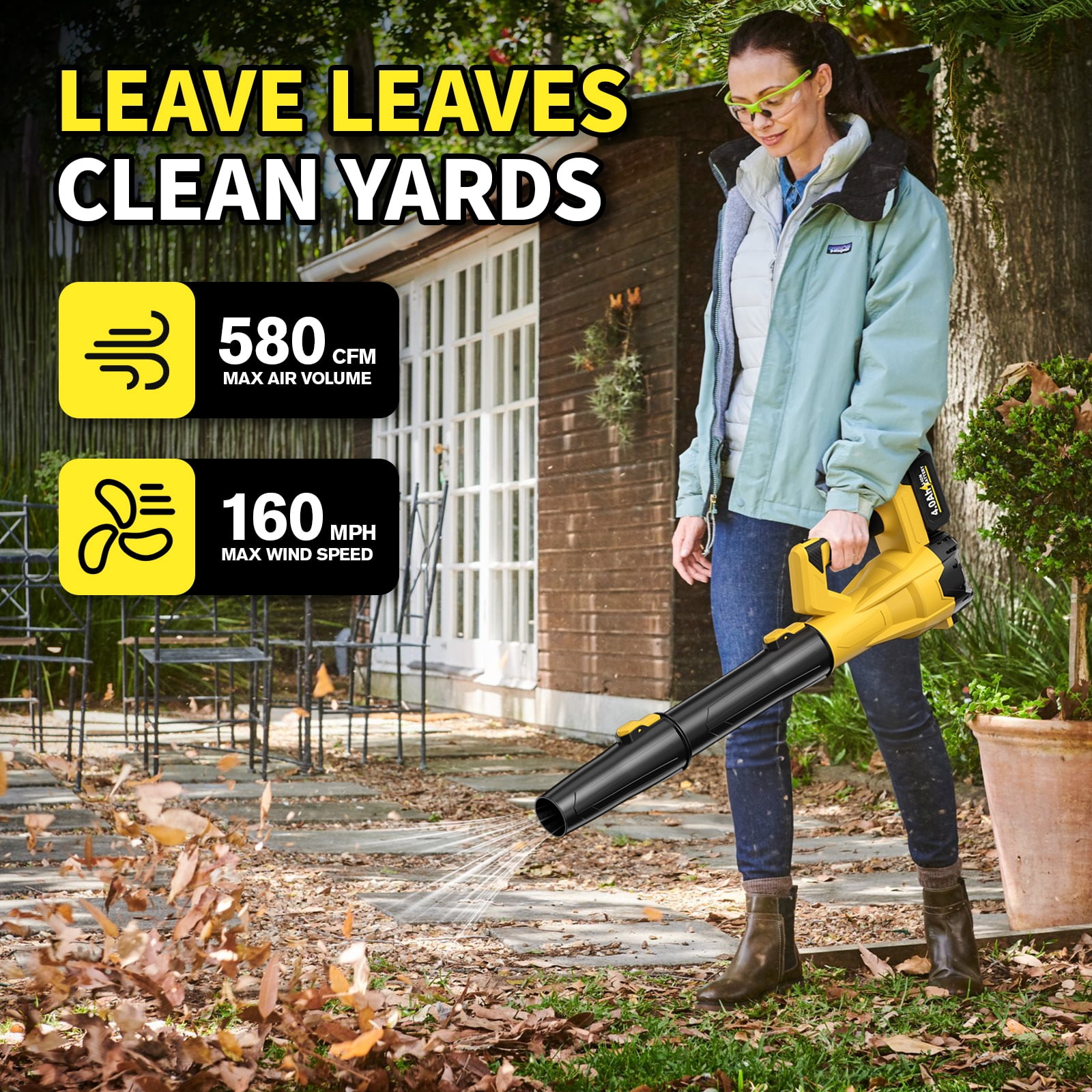 Wireless Leaf Blower with 4.0Ah Battery, 580CFM & 160MPH, 6 Speed Settings, Extended Nozzle, Ergonomic Non-Slip Handle, Lightweight for Lawn Maintenance and Yard Cleanup