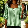 thumbnail image 4 of Yrmaups Women Plus Size Square Neck 3/4 Sleeve Blouse, Loose Fit Button Plaid Top, Soft Casual Tee for Summer Office Daily Wear, Green S, 4 of 5