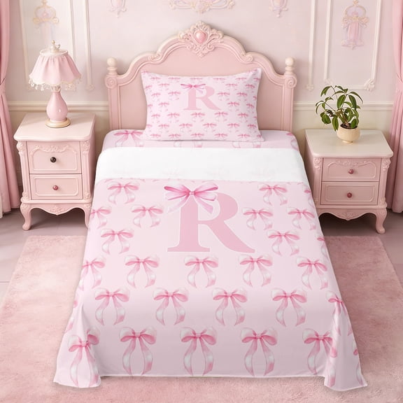 Erosebridal Letter R Initial Print Twin Sheet Sets For Girls,Pink Ribbon Bow Tie Kids Bedding 3 Pieces