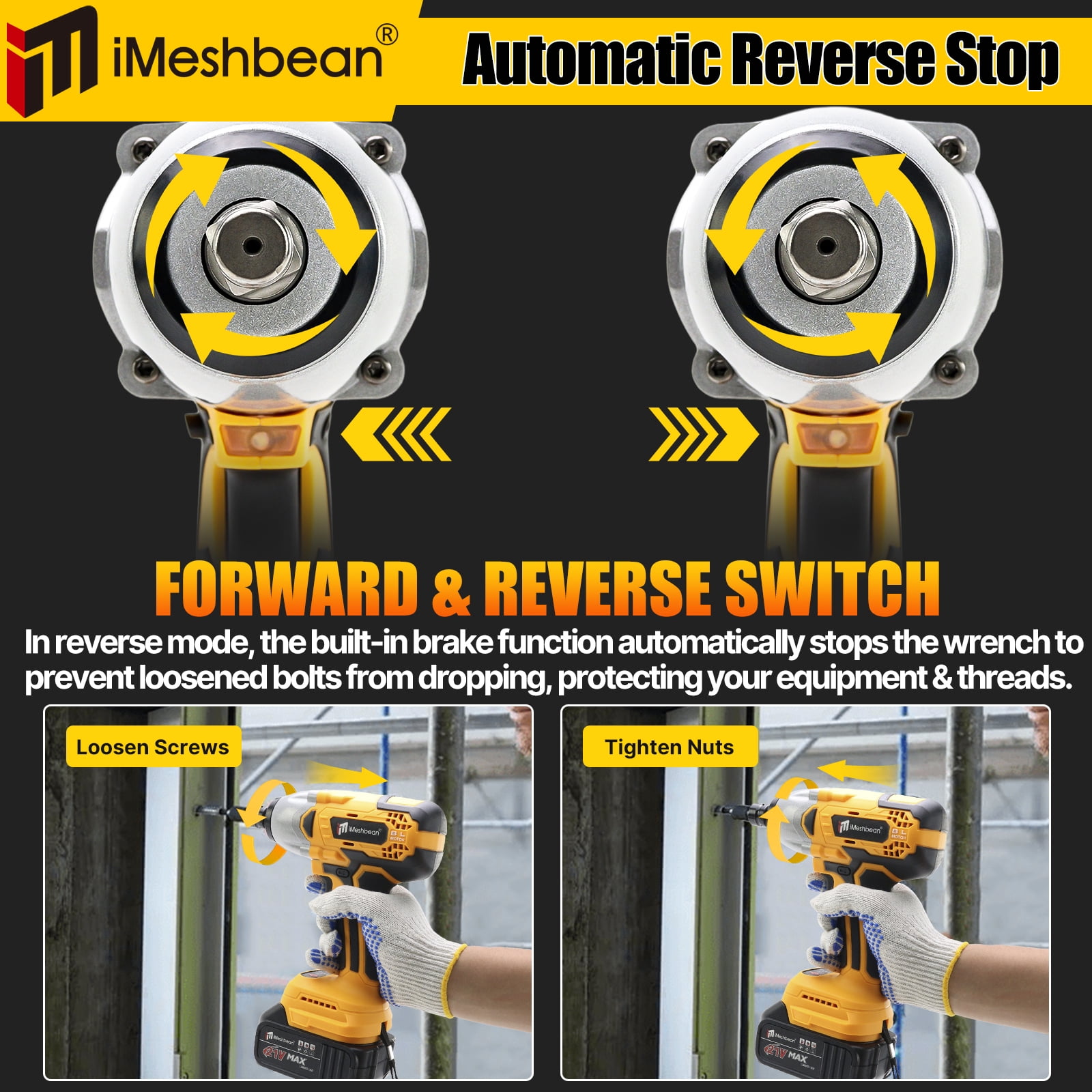 iMeshbean 1/2" Cordless Electric Impact Wrench Brushless Motor High Power Driver W/ 21V Li-ion Battery Fit For Dewalt