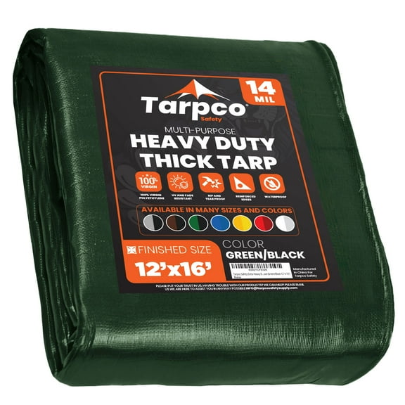 Tarpco Safety 14 Mil Extra Heavy Duty Tarp Camping Tarpaulin Waterproof Cover, Green and Black 12' x 16'Ft