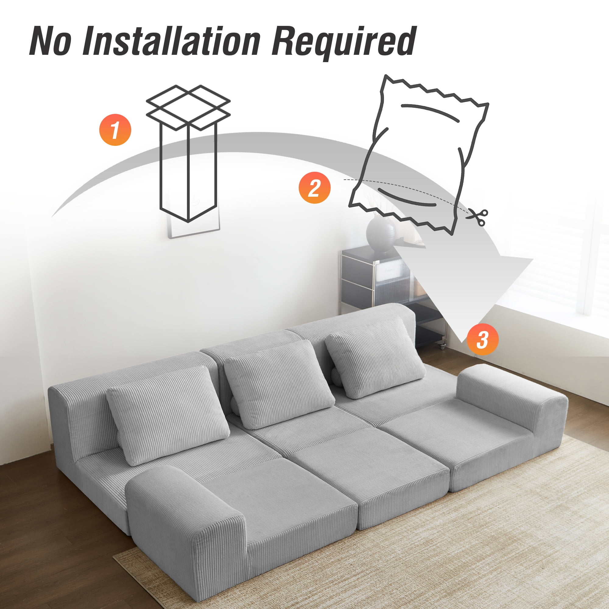 MOONMISS 108" Corduroy Upholstered Modular Oversized 3-Seater Convertible Comfy Compressed Sofa-Gray