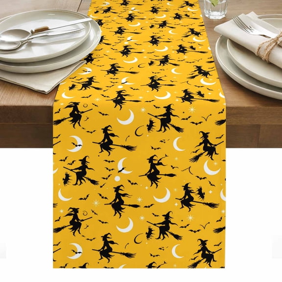 Turmeric Halloween Table Runner - 48 Inch Long, Kitchen Dining Table Runner Dresser Scarves, Flying Witch Bats Moon Farmhouse Decor for Coffee Tables Wedding Party Banquet
