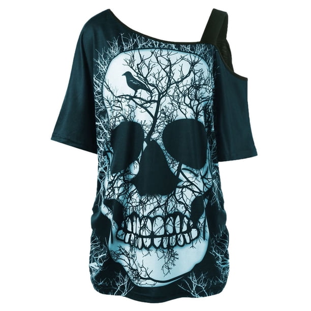 Pntutb - Camiseta de manga corta con cuello sesgado y calavera para mujer Pntutb Pntutb-246