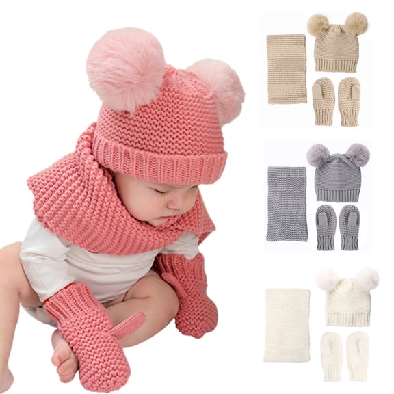 3 Pcs Kids Winter Knitted Beanie Hat Scarf Gloves Set Warm Soft Thick Fleece Lining for Girls 1-10 Years