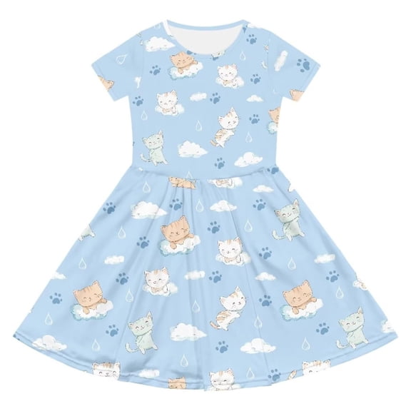 Girl Dress Kids Cartoon Print Short Sleeve with Pockets Casual Play Midi Dress Dresses for Girls Light Blue 9-10Y