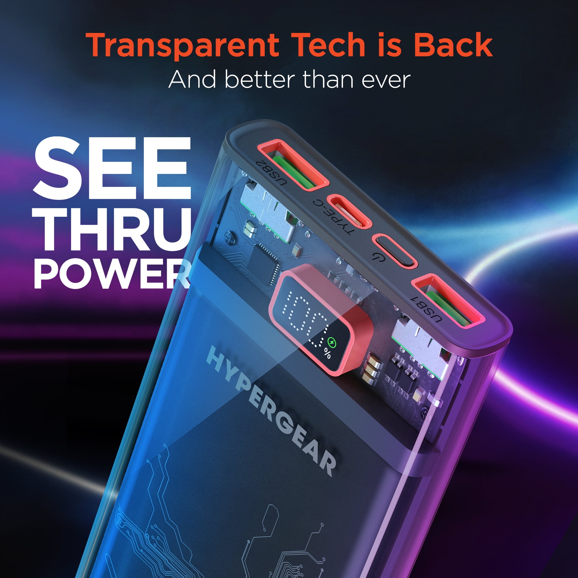 Hypergear 10000mAh Transparent USB-C Power Bank | 20W PD Fast Charger | Dual USB Adaptive Fast Charge | Retro See-Through Design