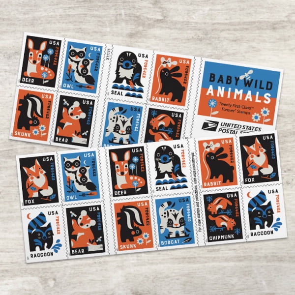 Baby Wild Animals USPS Forever Postage Stamp 1 Book of 20 US First Class Flower Outdoor Holiday Wedding Celebration Announcement (20 Stamps)