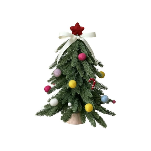 13.4" Small Tabletop Christmas Tree – Artificial Pine Tree with Red Felt Star Topper, Ribbon Bow, Colorful Felt Ball Ornaments, Candy Cane Accent & Wooden Base for Holiday Home Décor, Shelf Display