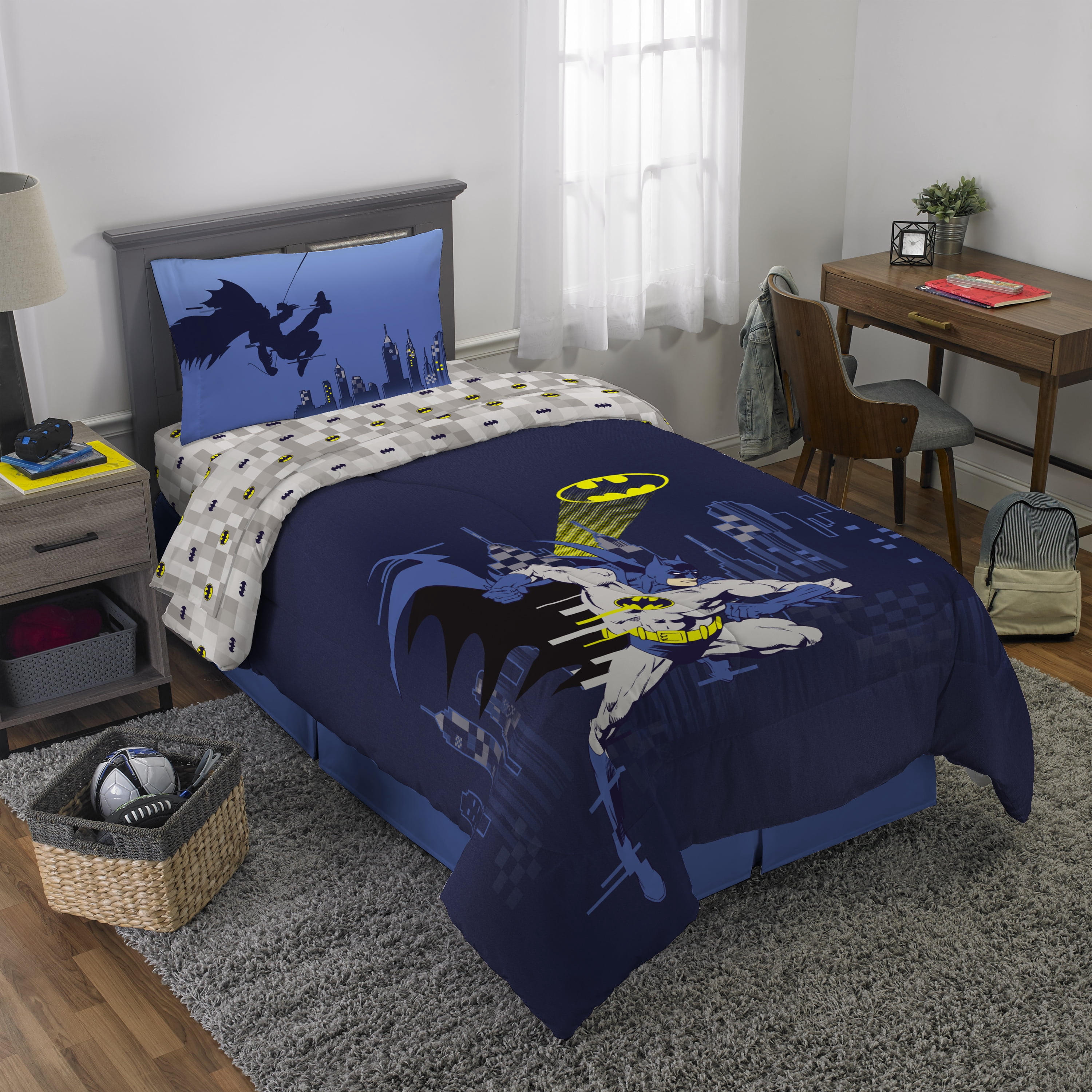 Batman Kids Blue Gray 4 Piece Reversible Comforter, Bed in a Bag, Twin