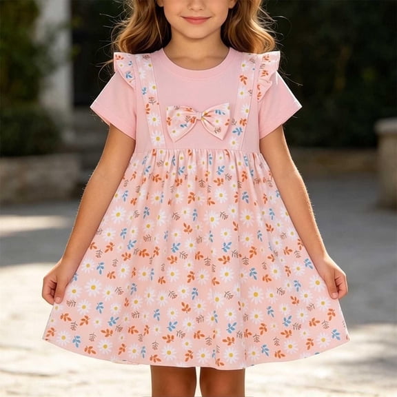 Mifsaly Little Girl Dresses Crewneck Flutter Sleeve Summer Dress Floral Print Patchwork Flowy Everyday Wear Sweet Sundress