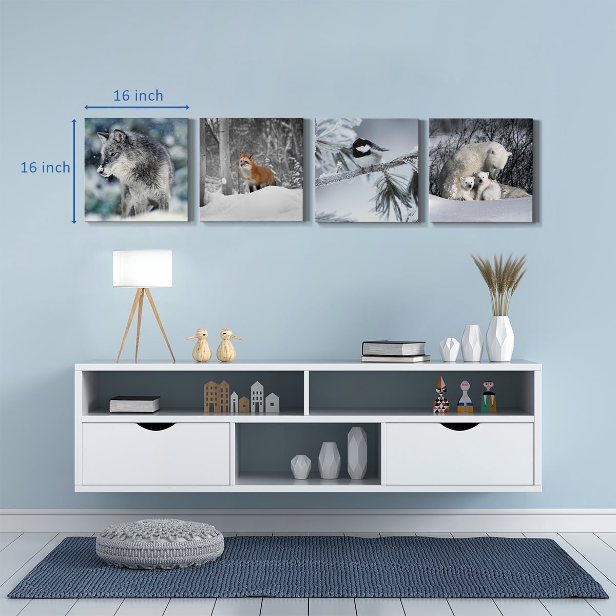Wexford Home Wildlife Animal Wall Art 24 x 24 inches Each, Fox Wolf Polar Bear Chickadee Picture Prints Set of 4 Decoration for Cabin Motel Home Wall Decor