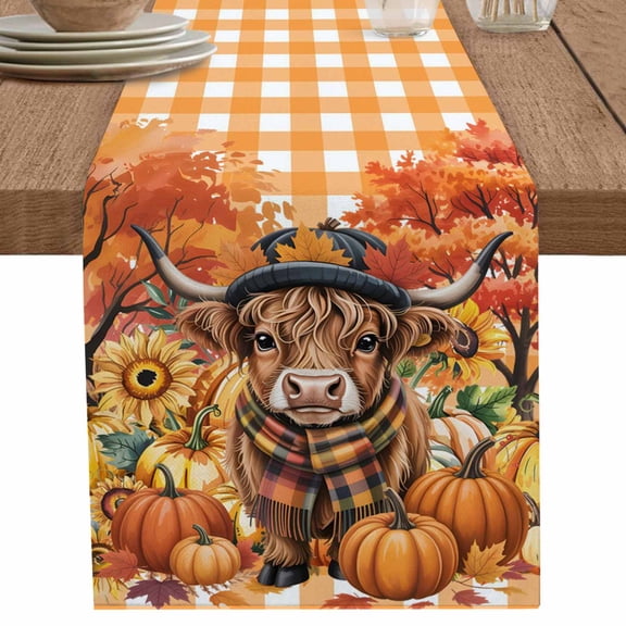 nqOlkjepod Orange Pumpkin Fall Table Runner 48 Inches Long Farmhouse Dress Scarves, Cattle Thanksgiving Checkered Farmhouse Dining Tablerunner for Coffee Table/Kitchen Island/Party Décor, 13" x 48"