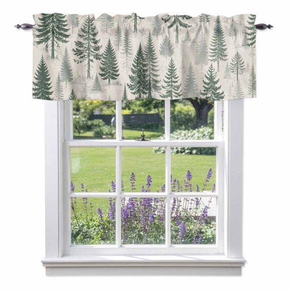 Green Christmas Tree Seamless Valances for Windows,Kitchen Valance Rod Pocket Short Curtain, Retro Linen Valance Curtain Window Valances for Bedroom Bathroom Living Room