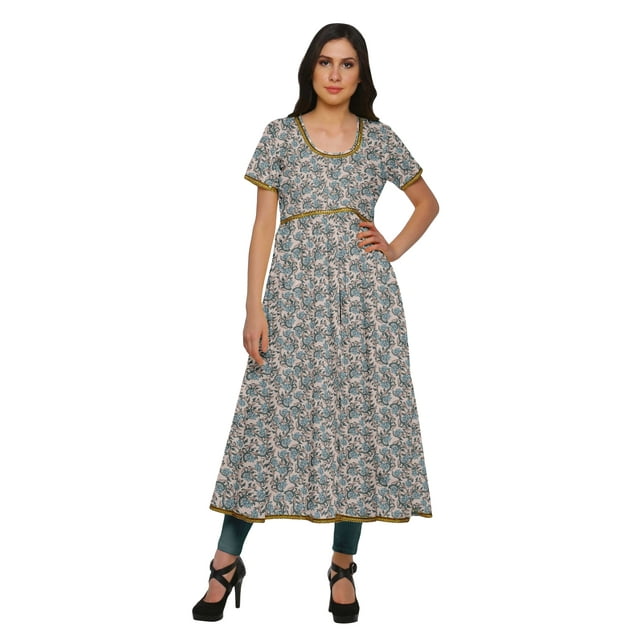Moomaya Longues Robes Tuniques en Coton Imprimé à Manches Courtes avec Fente avant pour Femmes