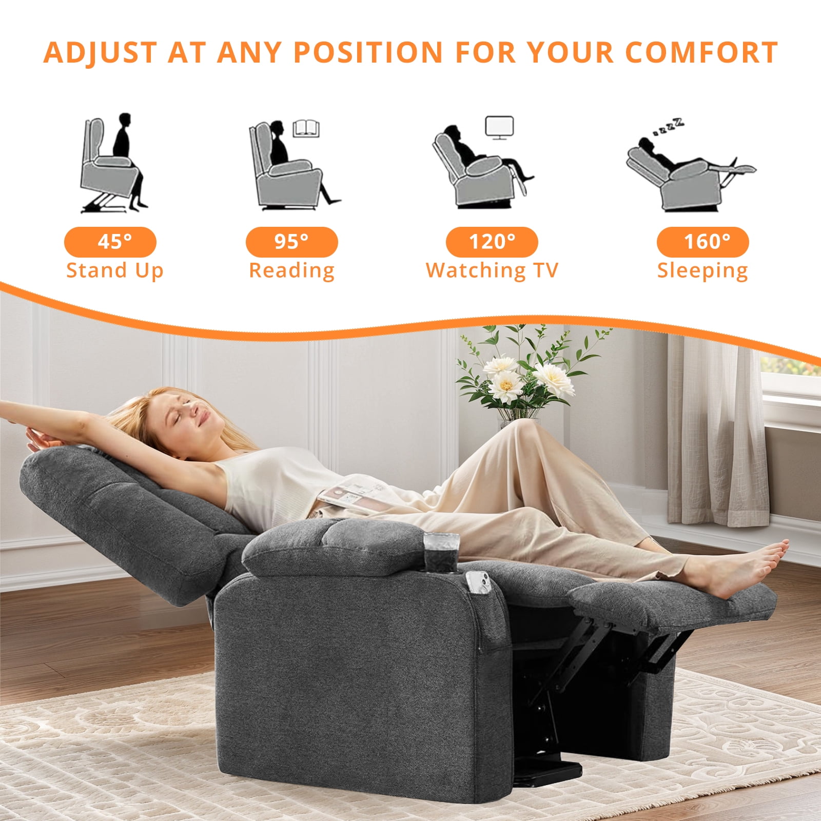Recline Chair, 21.6"W Oversize Accent Armchair with Storage Bag, Modern Chair for Living Room, Bedroom, Gray