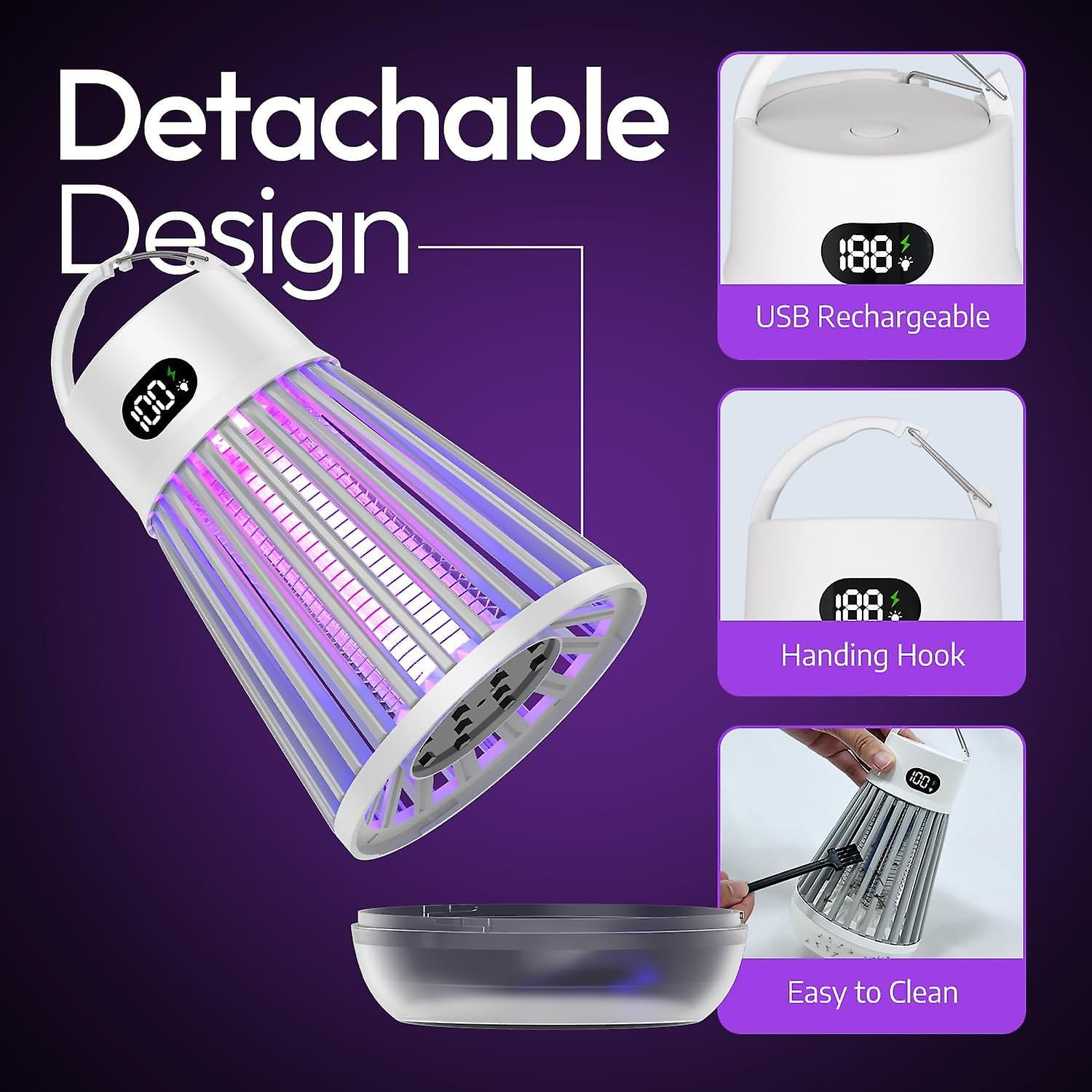 2.0 Portable Bug Zapper Indoor Outdoor Cordless Rechargeable Mosquito Zapper Hanging Hook 1500V High Voltage Trap for Fly Walmart
