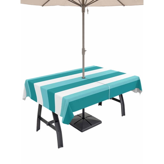 Outdoor Tablecloth with Umbrella Hole, Aqua Teal White Striped Spillproof Waterproof Outdoor Table Cover, Farmhouse Stripes Patio Tablecloths for Party Picnic Camping, Rectangle 54"x80"